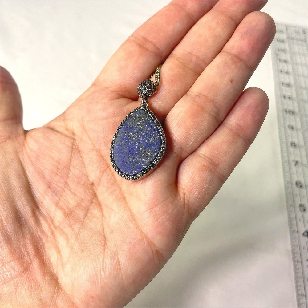 Vintage Lapis Lazuli Teardrop Pendant Necklace Long Chain Blue Gold Fleck Boho - Picture 15 of 16